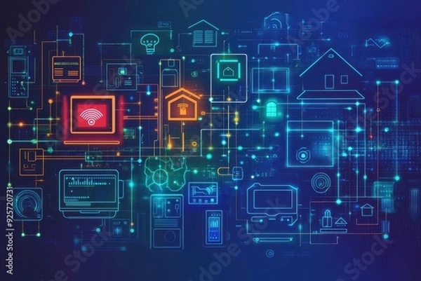 Obraz Futuristic Smart Home Automation Vector Collage with Hand-Drawn Icons and Scanned Textures