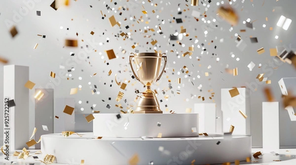 Fototapeta Gold trophy on a podium with a raining of confetti over a grey background.