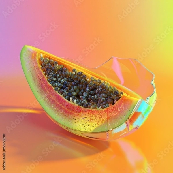 Fototapeta A stylized, colorful papaya slice with a shiny, glass-like appearance.