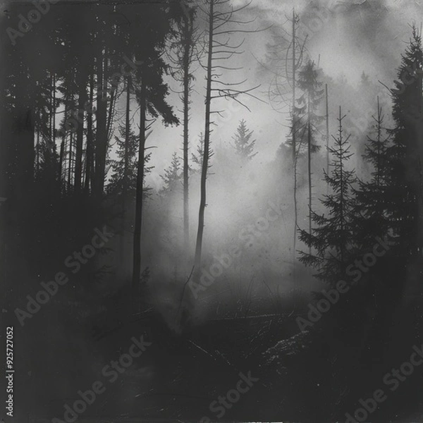 Fototapeta Foggy Night in the Forest with Silhouetted Trees
