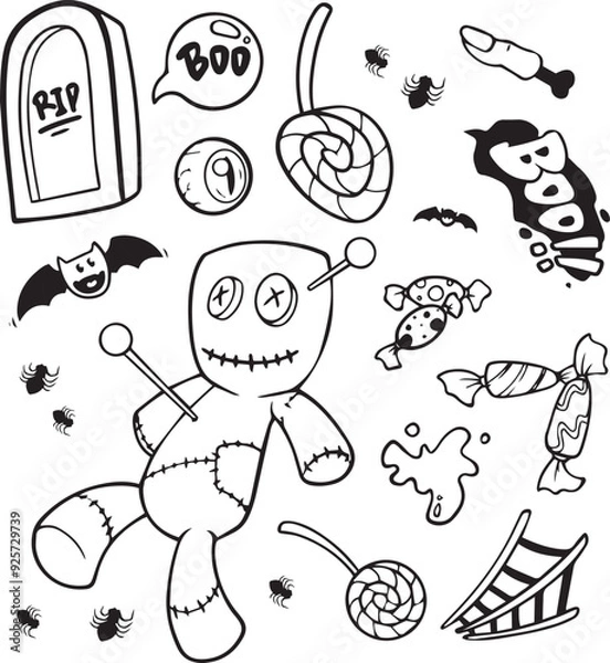Obraz Print Halloween doodle illustration. Halloween set of elements, ghost, pumpkin and bat. Vector is cute illustration in hand drawn style