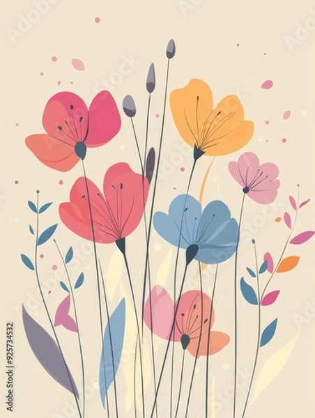 Obraz colorful flowers on a solid color background, cartoon style, flat illustration, simple lines, high resolution, high details 
