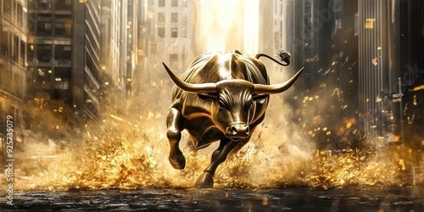 Fototapeta A bull against the background of glowing stock market charts, indicating a bullish trend.