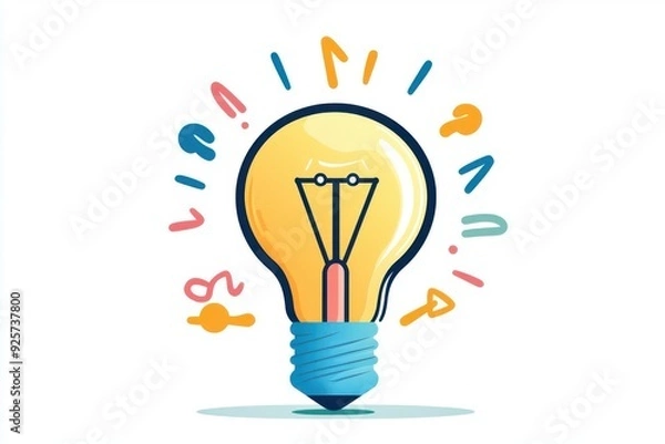 Fototapeta A vibrant light bulb illustration symbolizing creativity and ideas, surrounded by colorful question marks and exclamation points.