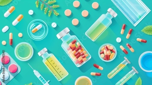 Fototapeta Colorful medical supplies, pills, vials, syringes, and face masks on a turquoise background, representing healthcare and medicine.