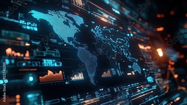 Fototapeta A digital interface displaying business trends and opportunities across the world.