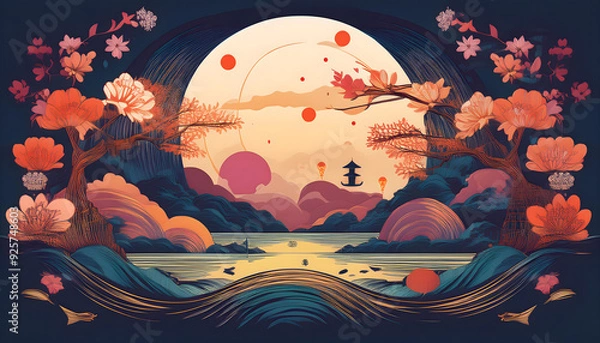 Obraz 秋天夜晚月亮下的湖泊和山峰