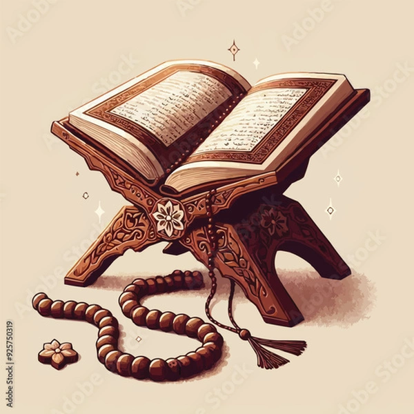 Fototapeta Holy Quran with rosary, open on the wooden book holder. Design element for Ramadan or other religious islamic holidays and events. Vector 3d realistic illustration