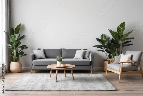 Fototapeta Minimalist Living Room with Gray Sofa, Coffee Table, and Two Armchairs