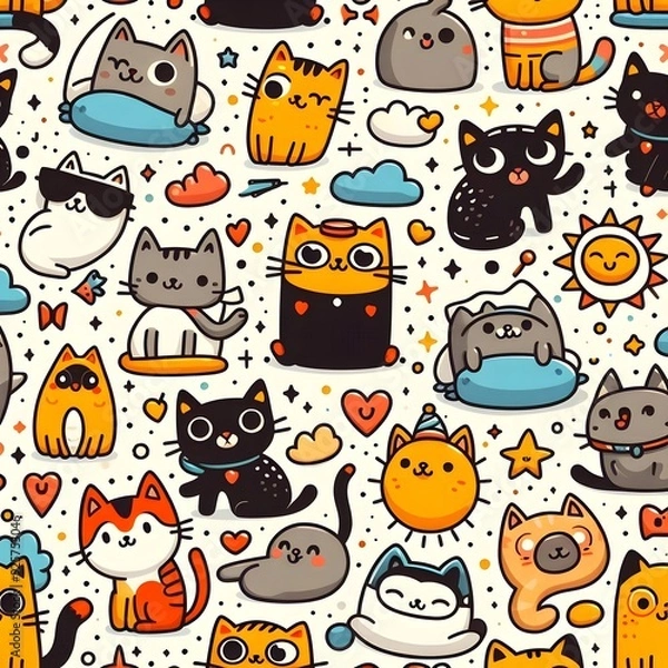 Obraz Cute Cat Doodle Seamless Pattern