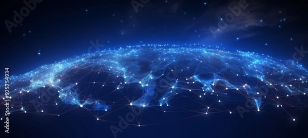 Fototapeta Abstract blue background with a glowing global network and connection lines on a dark blue background, a futuristic technology concept