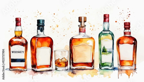 Fototapeta Variety of antique whiskey bottles isolated on white, watercolor painting style, generative AI.