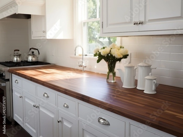 Fototapeta White kitchen with a wood countertop and a bouquet of white flowers in a vase.