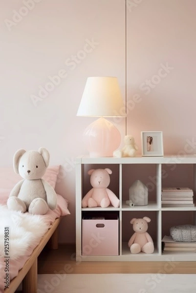 Fototapeta White and pink bedroom with teddy bears, a lamp, and a bookshelf.