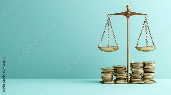 Fototapeta A 3D illustration of economic balance, featuring a scale with money, symbolizing stability and fairness in financial management, with clear copy space.