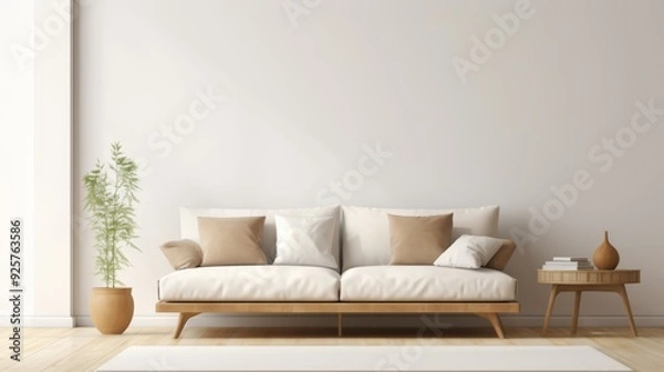 Fototapeta Minimalist living room with a white sofa, wooden side table, and a potted plant.