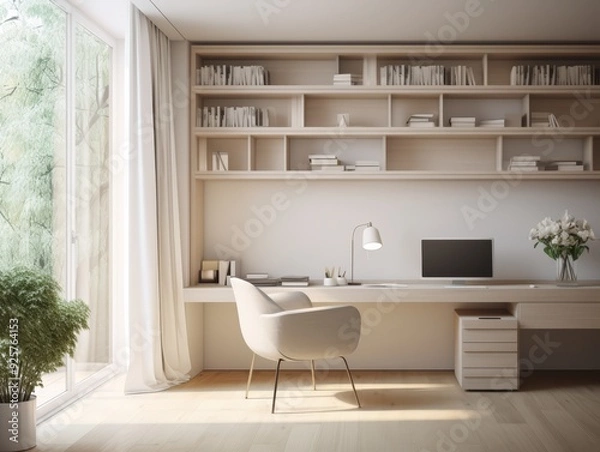 Fototapeta Minimalist home office with a wooden desk, chair, shelves, a computer, and a potted plant.