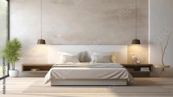 Fototapeta Minimalist bedroom with a bed and a white wall with a texture.