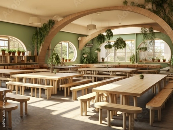 Obraz A wooden dining room with arched ceilings, large windows, and green plants.