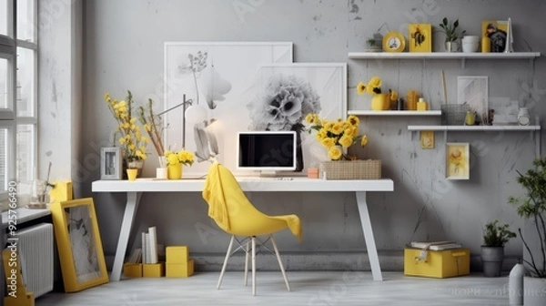 Fototapeta A modern home office with yellow accents, featuring a white desk, a yellow chair, and shelves filled with decorative items.