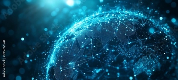 Fototapeta Abstract blue digital background with glowing network connections and global connection concept on a dark blue backdrop. Abstract technology, internet, or business theme vector illustration design ele