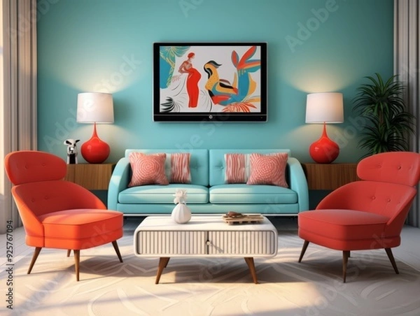 Fototapeta A living room with a blue sofa, two red chairs, a white coffee table, and two lamps with red bases.