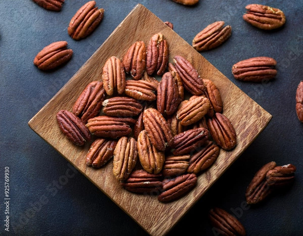 Fototapeta Top view of pecan on dark background