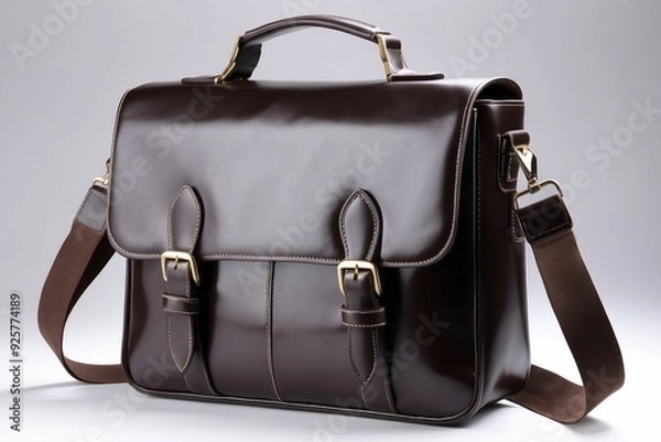 Obraz Brown Leather Briefcase with Two Buckles and Adjustable Strap