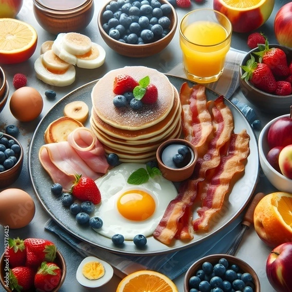 Fototapeta Delicious Breakfast Plate with Pancakes, Bacon, Eggs, and Fresh Fruit