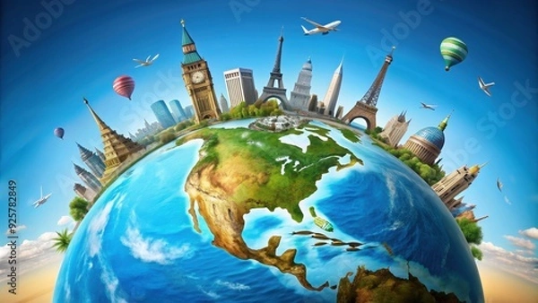 Fototapeta of a trip around the world featuring famous landmarks on a globe, travel, landmarks, monuments, globe, world,adventure