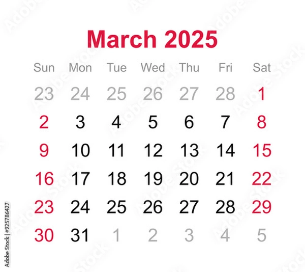 Fototapeta Monthly calendar of March 2025 on transparent background