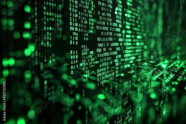 Fototapeta Green Dark Binary Code with Data Streaming Background created with Generative AI