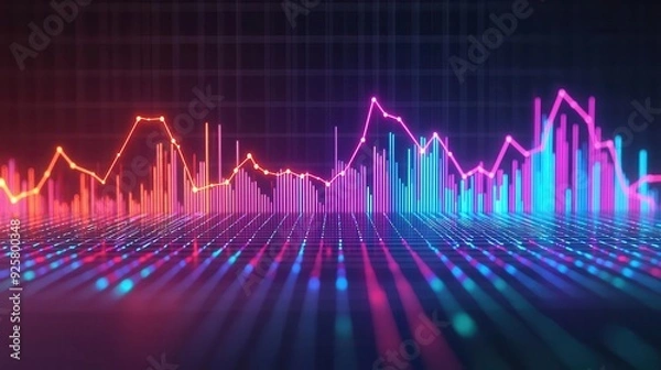 Fototapeta Predictive data analysis, glowing trend lines and graphs, 3D illustration