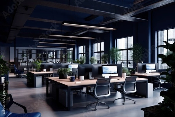 Fototapeta Modern Workspace Dynamics Light Indigo and Dark Black Office Design