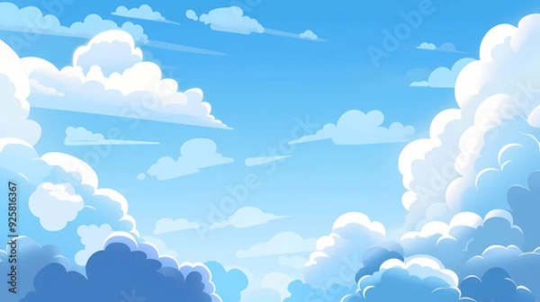 Fototapeta Blue sky with clouds. Anime style background with shining sun and white fluffy clouds. Sunny day sky scene cartoon vector illustration.
