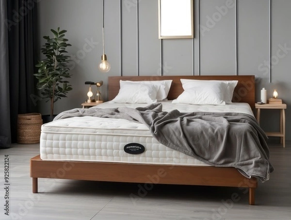 Fototapeta Wooden Bed Frame with White Mattress and Gray Blanket