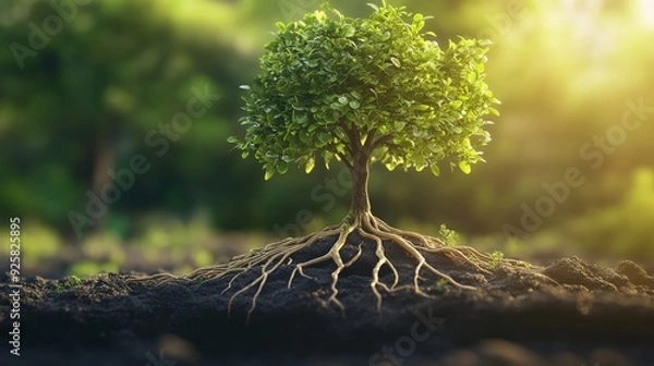 Fototapeta A small tree with exposed roots in fertile soil, bathed in sunlight. Green leaves, nature, growth, and tranquility in the forest setting.