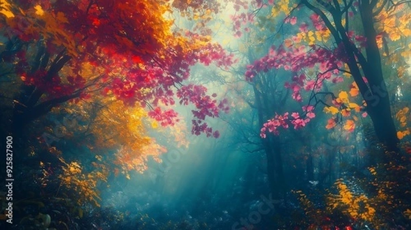 Fototapeta fantasy, lush dense forest, multicolored leaves on the trees, bright, vibrant, magical, mystical 