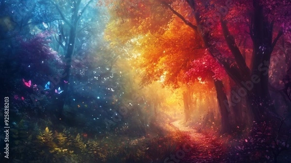 Fototapeta fantasy, lush dense forest, multicolored leaves on the trees, bright, vibrant, magical, mystical 