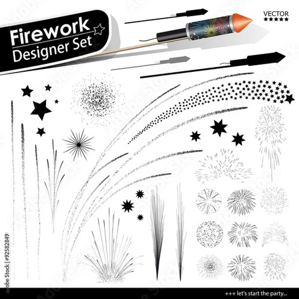 Obraz Collection of Vector Firework Rocket Explosion Effects. New Years Eve Design Templates. Silvesterraketen, Silvester, Raketen, Set, Vorlage, Sortiment, Silhouette, Schattenriss. Neujahr - Kollektion.