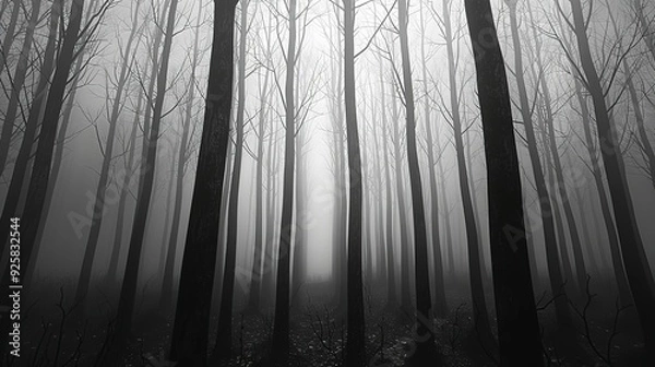 Fototapeta A black and white photo of a misty forest with tall trees and sunlight peeking through the fog.