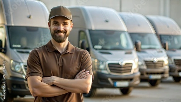 Fototapeta A  delivery driver standing in front of a fleet of delivery vehicles, emphasizing the scale of operations.