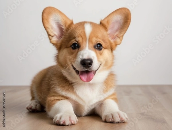Fototapeta Adorable Welsh Corgi Puppy with Big Ears and a Happy Expression
