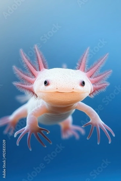 Fototapeta An axolotl swims gracefully in a tranquil aquatic setting under soft blue light