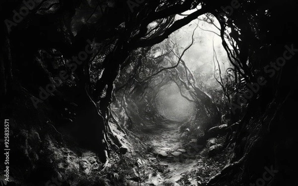 Fototapeta A haunting black and white tunnel surrounded by twisted roots, evoking mystery and intrigue in an eerie atmosphere.