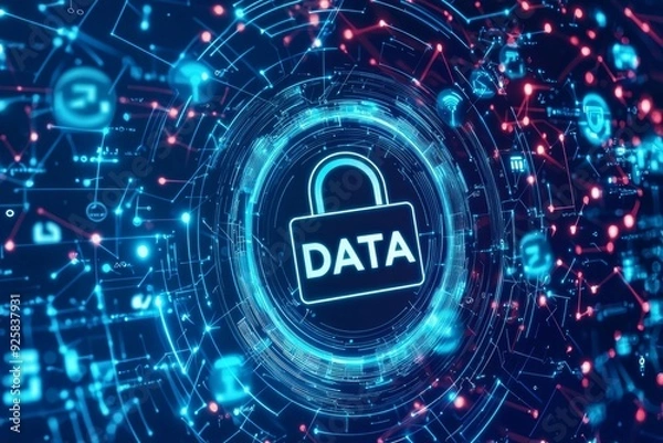 Fototapeta A padlock icon with text "DATA" surrounded by circular frame on a blue digital background , concept of cyber security 