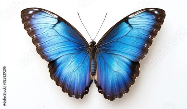 Fototapeta Beautiful blue Butterfly with open wings on a white minimalistic background, top view shot photography