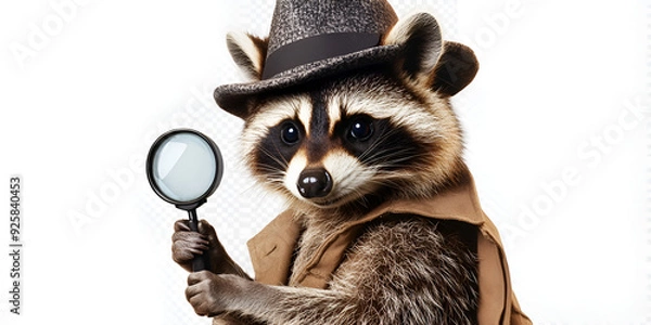 Fototapeta Animated Detective Raccoon with Magnifying Glass