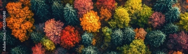 Fototapeta A breathtaking aerial view of diverse trees showcasing vibrant autumn colors in an enchanting natural landscape.