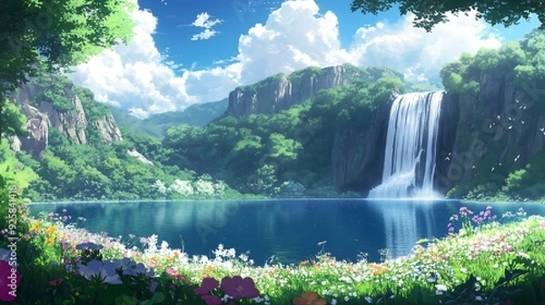 Obraz waterfall and lake landscape anime style